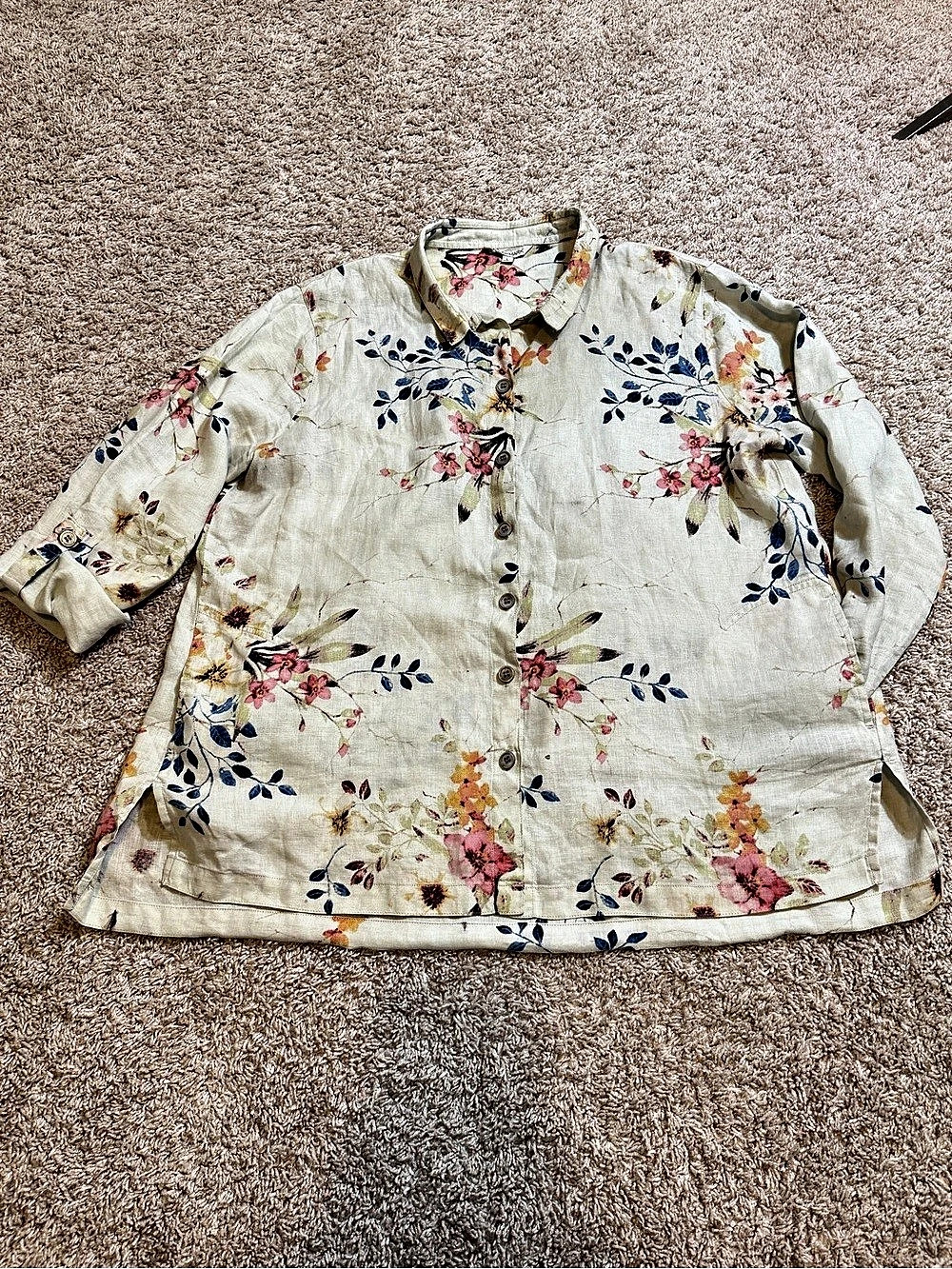 John Mark Multicolor Floral Linen Button Down Shirt Size L